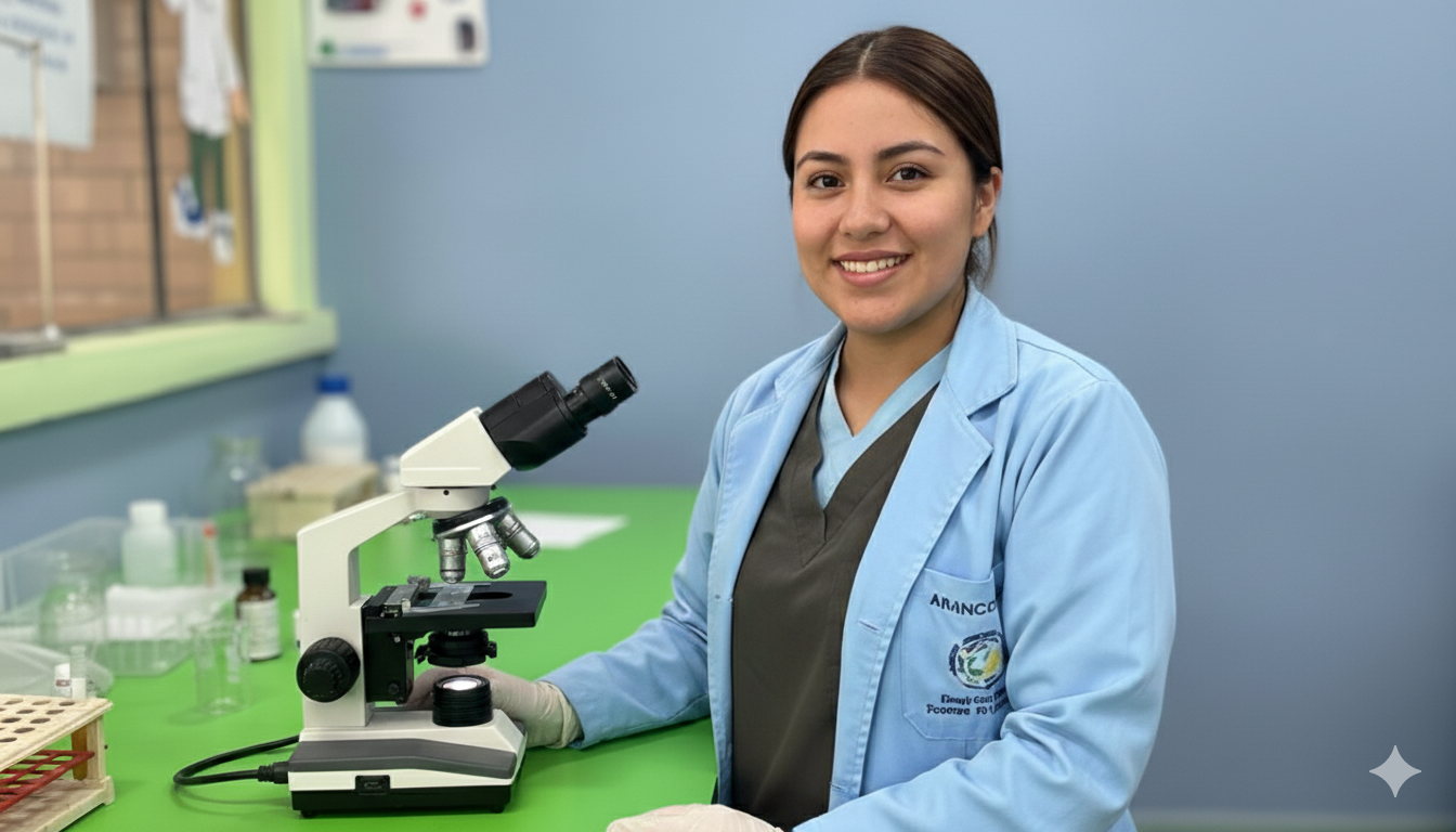 Docente de LaboClid en el laboratorio, junto a un microscopio